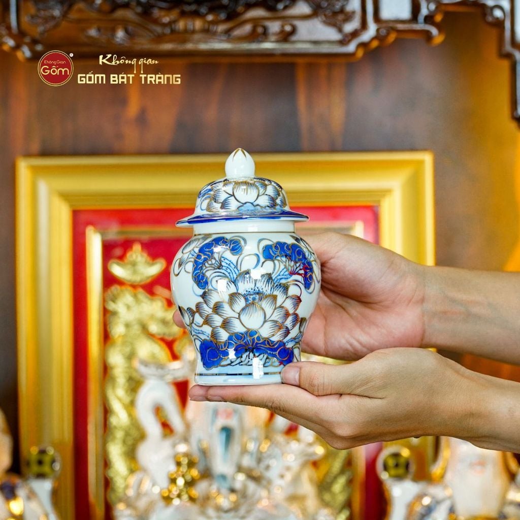 [Set Hào Gia] Bộ Đồ Thờ Thần Tài Thổ Địa Men Lam Vẽ Vàng (14 món)