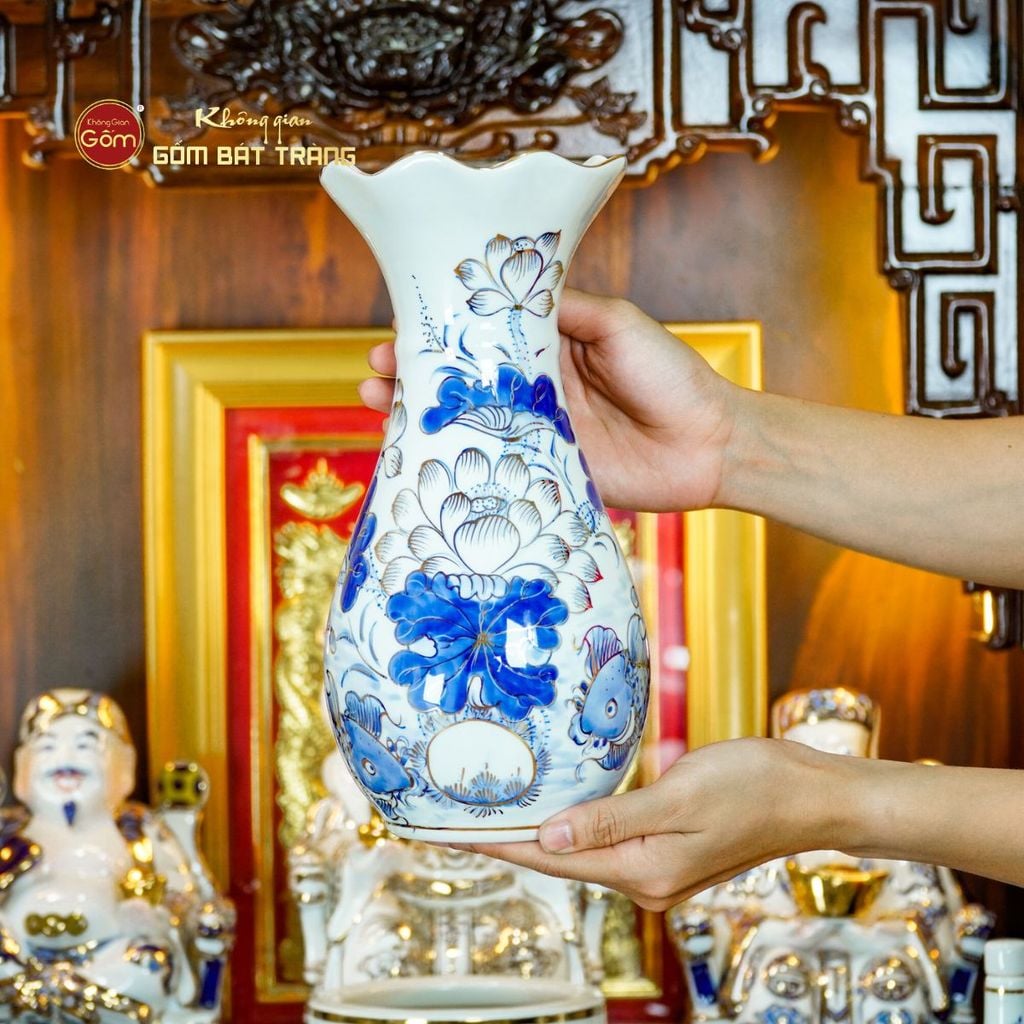 [Set Hào Gia] Bộ Đồ Thờ Thần Tài Thổ Địa Men Lam Vẽ Vàng (14 món)