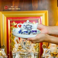 [Set Hào Gia] Bộ Đồ Thờ Thần Tài Thổ Địa Men Lam Vẽ Vàng (14 món)