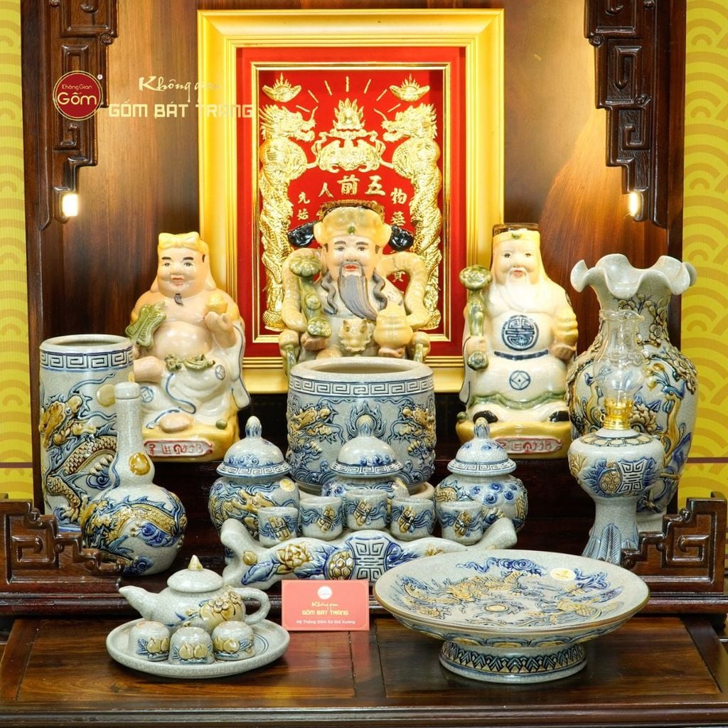 [Set Hào Gia] Bộ Đồ Thờ Thần Tài Thổ Địa Men Rạn (14 món)