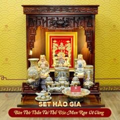 [Set Hào Gia] Bộ Đồ Thờ Thần Tài Thổ Địa Men Rạn Vẽ Vàng (14 món)