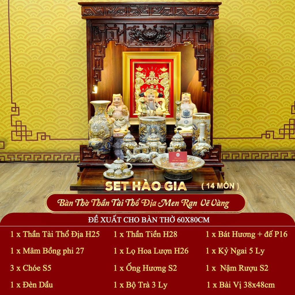 [Set Hào Gia] Bộ Đồ Thờ Thần Tài Thổ Địa Men Rạn Vẽ Vàng (14 món)