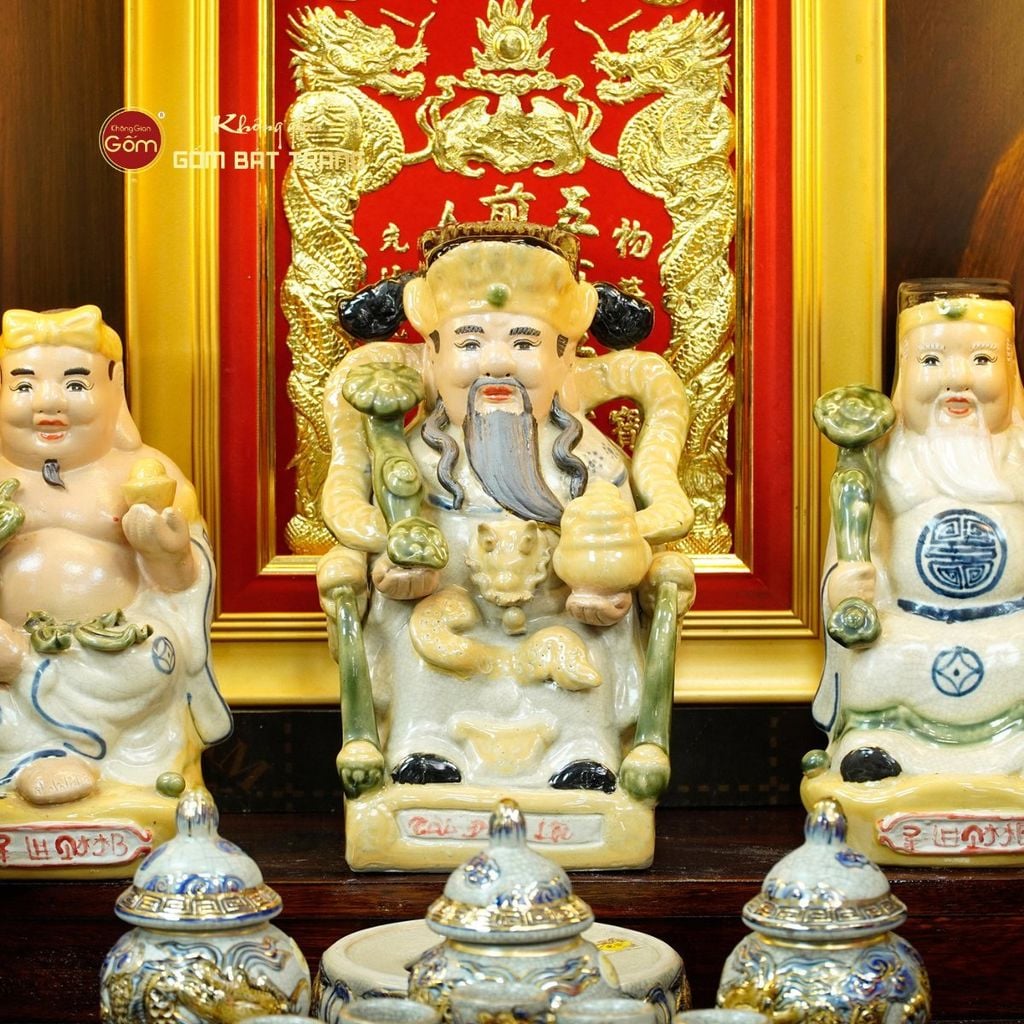 [Set Hào Gia] Bộ Đồ Thờ Thần Tài Thổ Địa Men Rạn Vẽ Vàng (14 món)