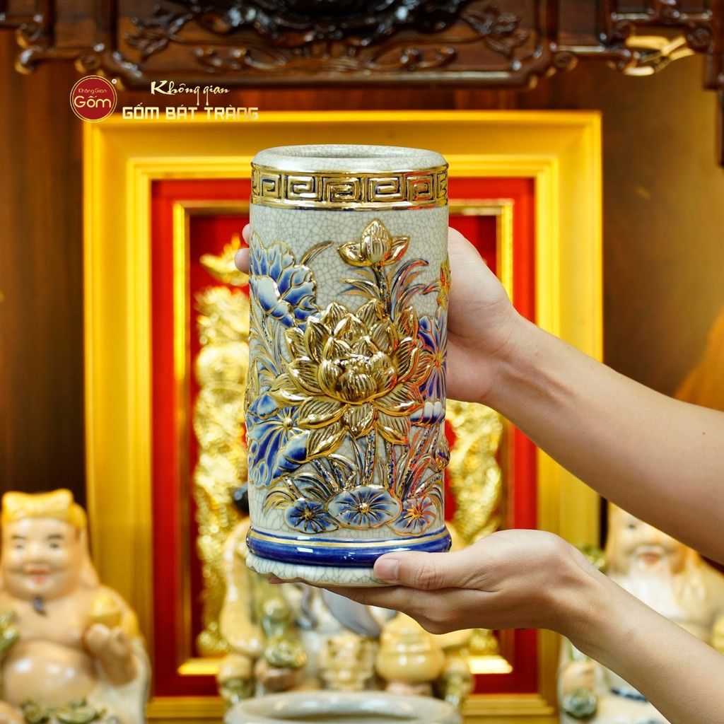 [Set Hào Gia] Bộ Đồ Thờ Thần Tài Thổ Địa Men Rạn Vẽ Vàng (14 món)