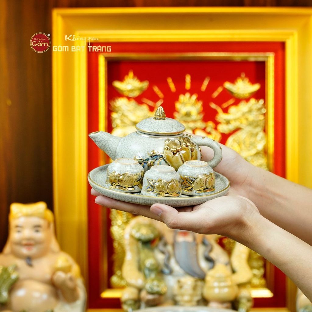 [Set Hào Gia] Bộ Đồ Thờ Thần Tài Thổ Địa Men Rạn Vẽ Vàng (14 món)