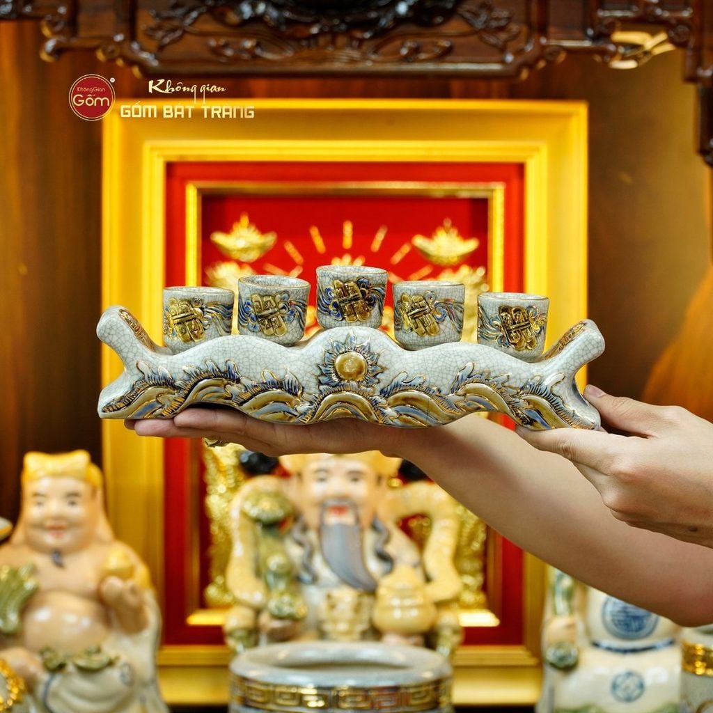 [Set Hào Gia] Bộ Đồ Thờ Thần Tài Thổ Địa Men Rạn Vẽ Vàng (14 món)