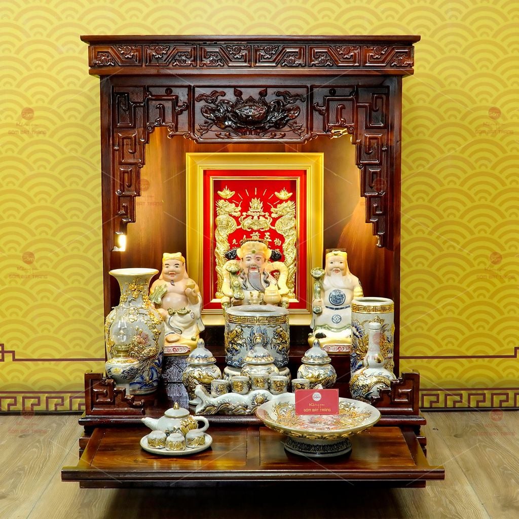 [Set Hào Gia] Bộ Đồ Thờ Thần Tài Thổ Địa Men Rạn Vẽ Vàng (14 món)