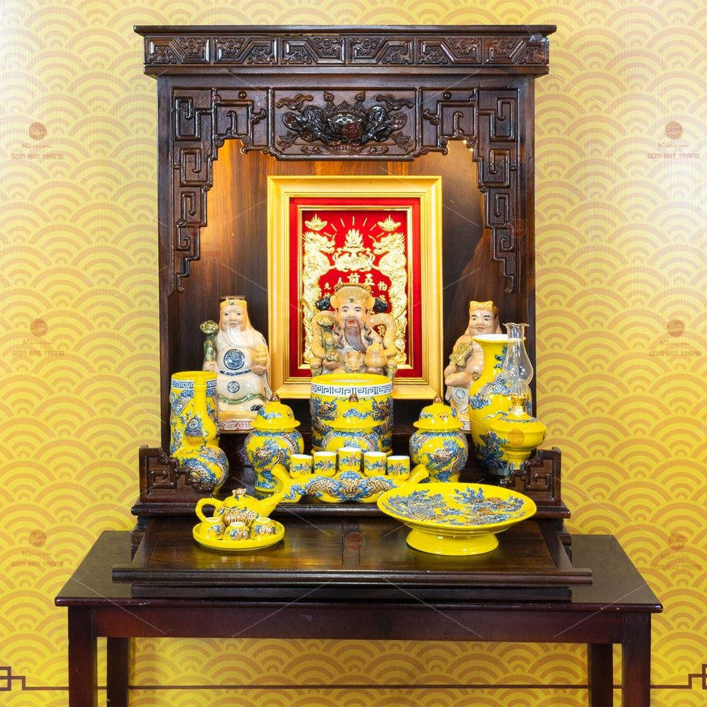 [Set Hào Gia] Bộ Đồ Thờ Thần Tài Thổ Địa Men Vàng (14 món)