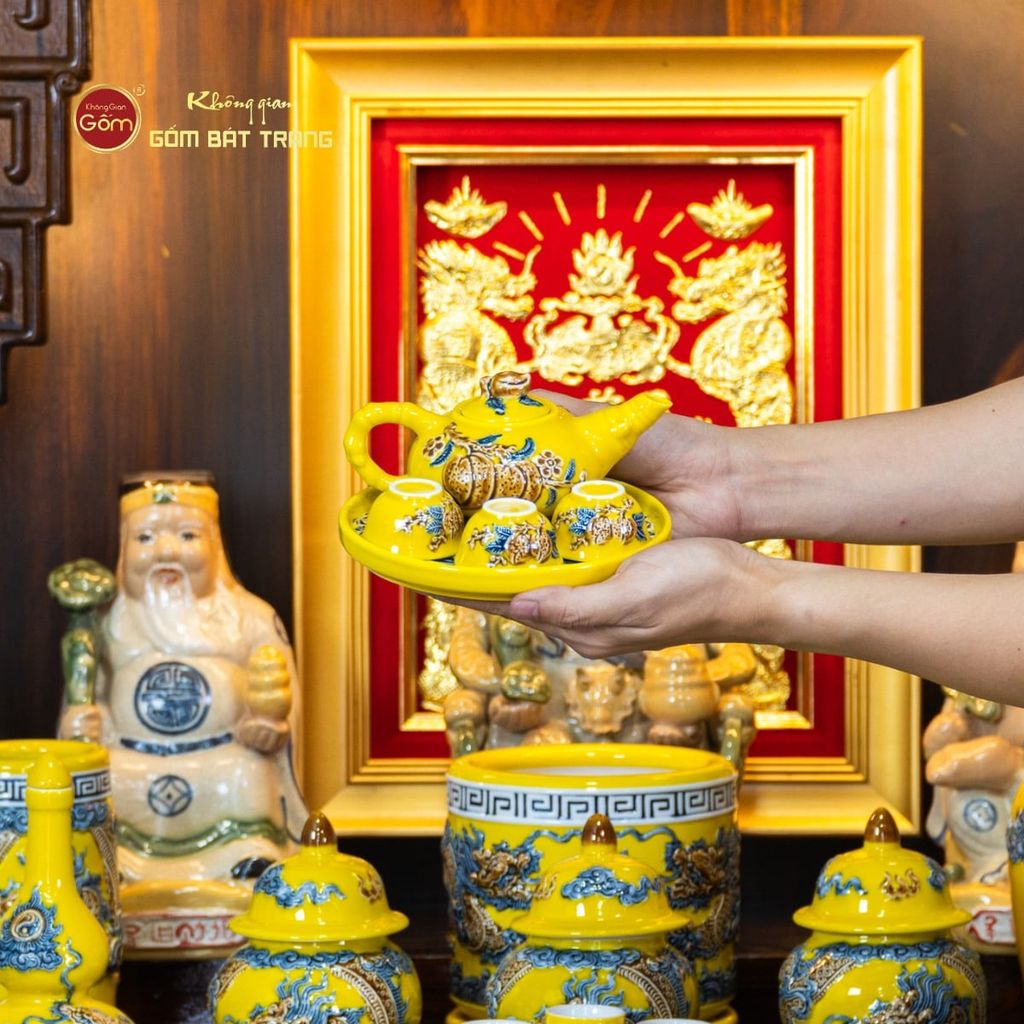 [Set Hào Gia] Bộ Đồ Thờ Thần Tài Thổ Địa Men Vàng (14 món)