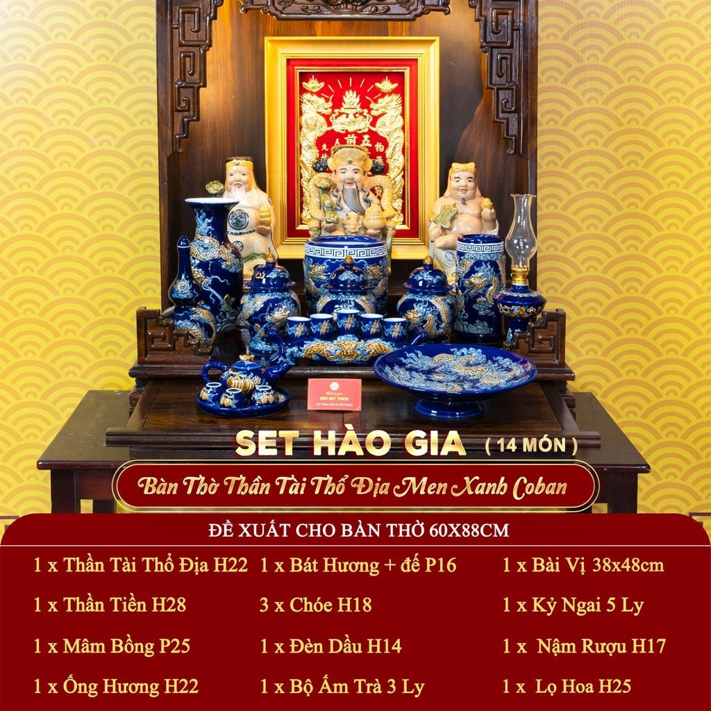 [Set Hào Gia] Bộ Đồ Thờ Thần Tài Thổ Địa Men Xanh Coban (14 món)