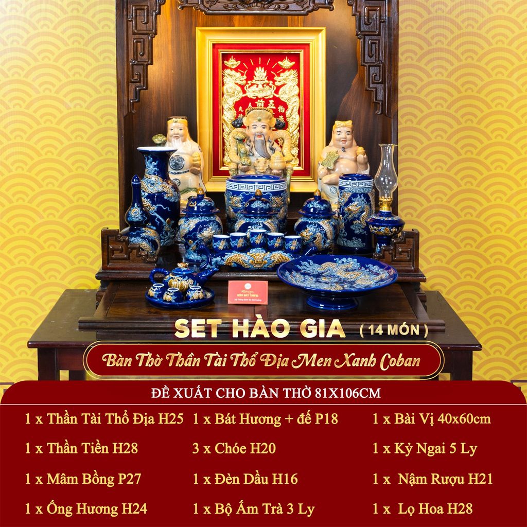 [Set Hào Gia] Bộ Đồ Thờ Thần Tài Thổ Địa Men Xanh Coban (14 món)