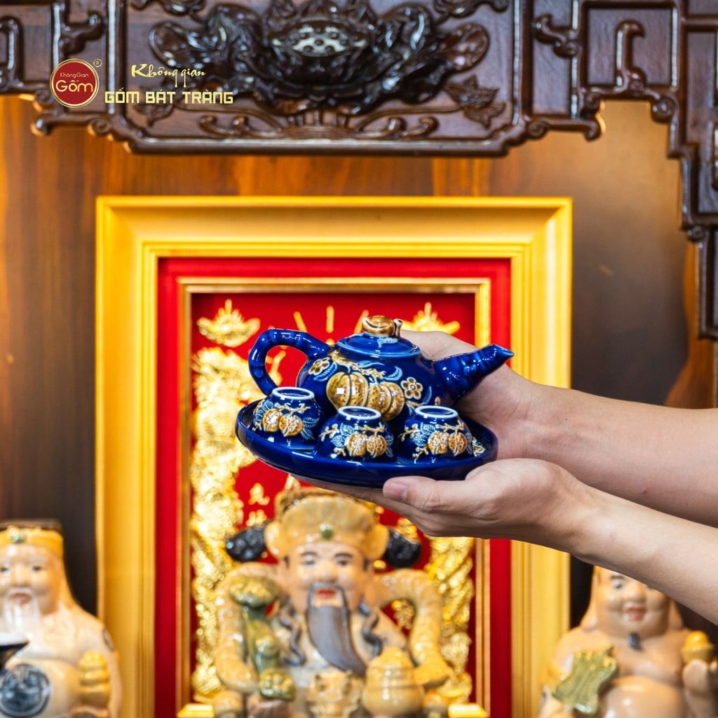 [Set Hào Gia] Bộ Đồ Thờ Thần Tài Thổ Địa Men Xanh Coban (14 món)