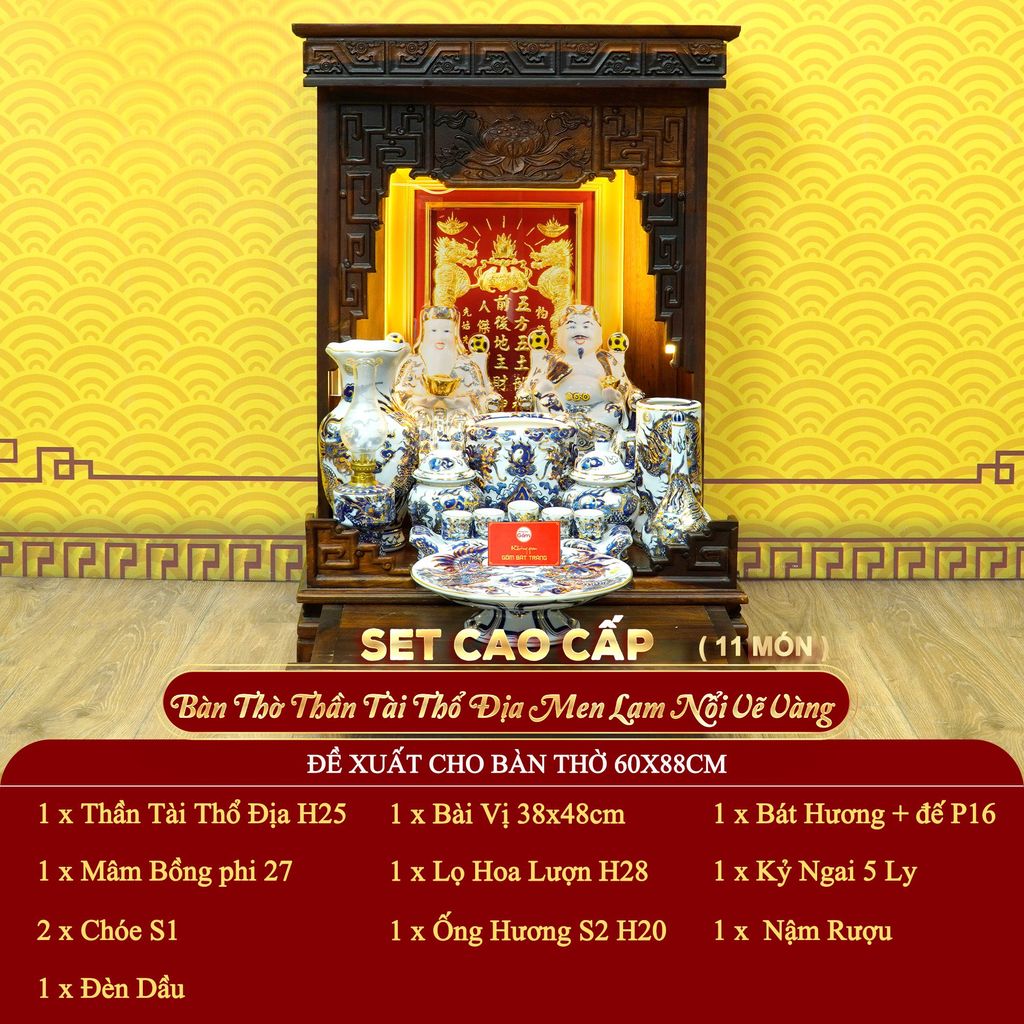 [Set Cao Cấp] Bộ Đồ Thờ Thần Tài Thổ Địa Men Lam Nổi Vẽ Vàng (11 món)