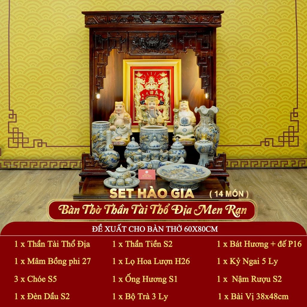 [Set Hào Gia] Bộ Đồ Thờ Thần Tài Thổ Địa Men Rạn (14 món)