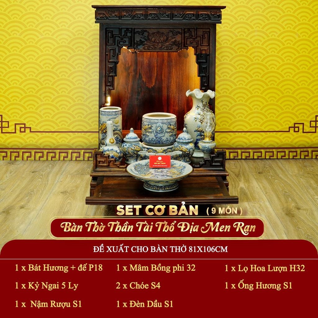 [Set Cơ Bản] Bộ Đồ Thờ Thần Tài Thổ Địa Men Rạn (9 món)