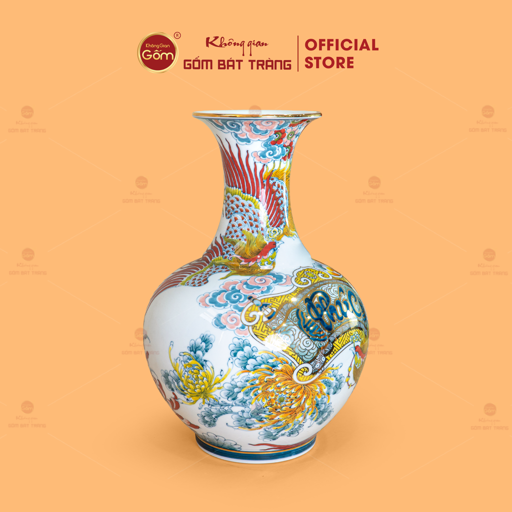 Tỏi Bình Song Phụng Triều Phúc Tứ Hoa Phú Quý Vẽ Vàng