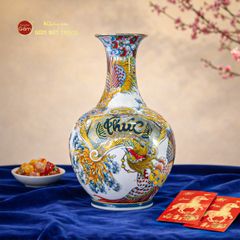 Tỏi Bình Song Phụng Triều Phúc Tứ Hoa Phú Quý Vẽ Vàng