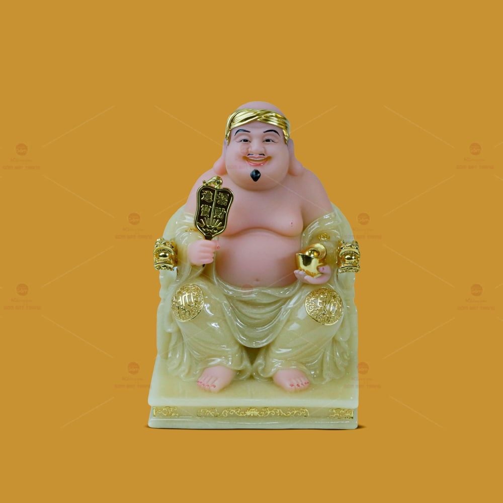 Tượng Thần Tài Thổ Địa Ghế Rồng Màu Thạch Anh Vàng