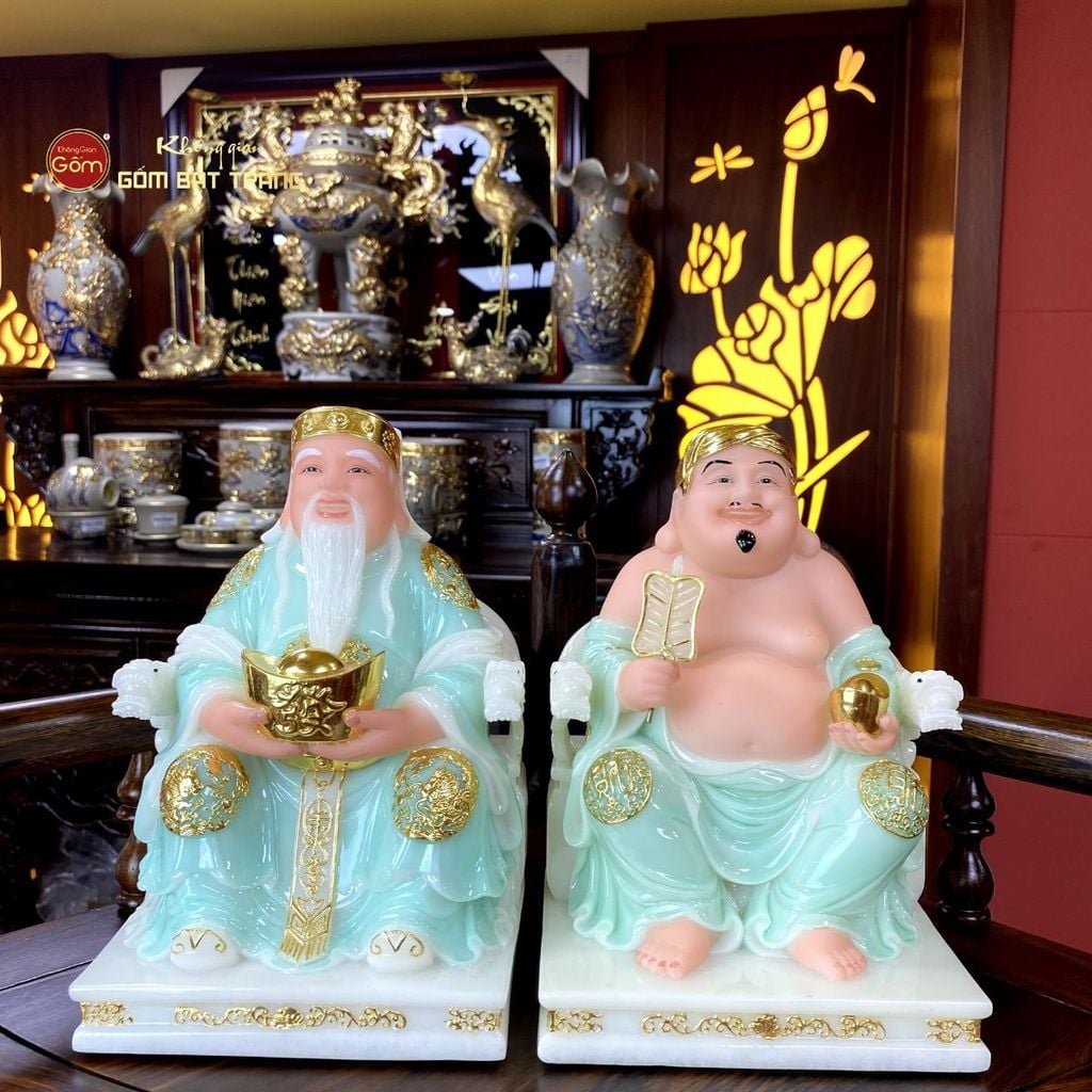 Tượng Thần Tài Thổ Địa Ghế Rồng Màu Xanh Ngọc