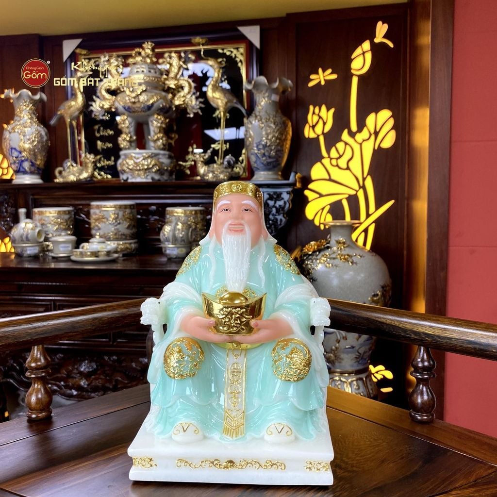 Tượng Thần Tài Thổ Địa Ghế Rồng Màu Xanh Ngọc