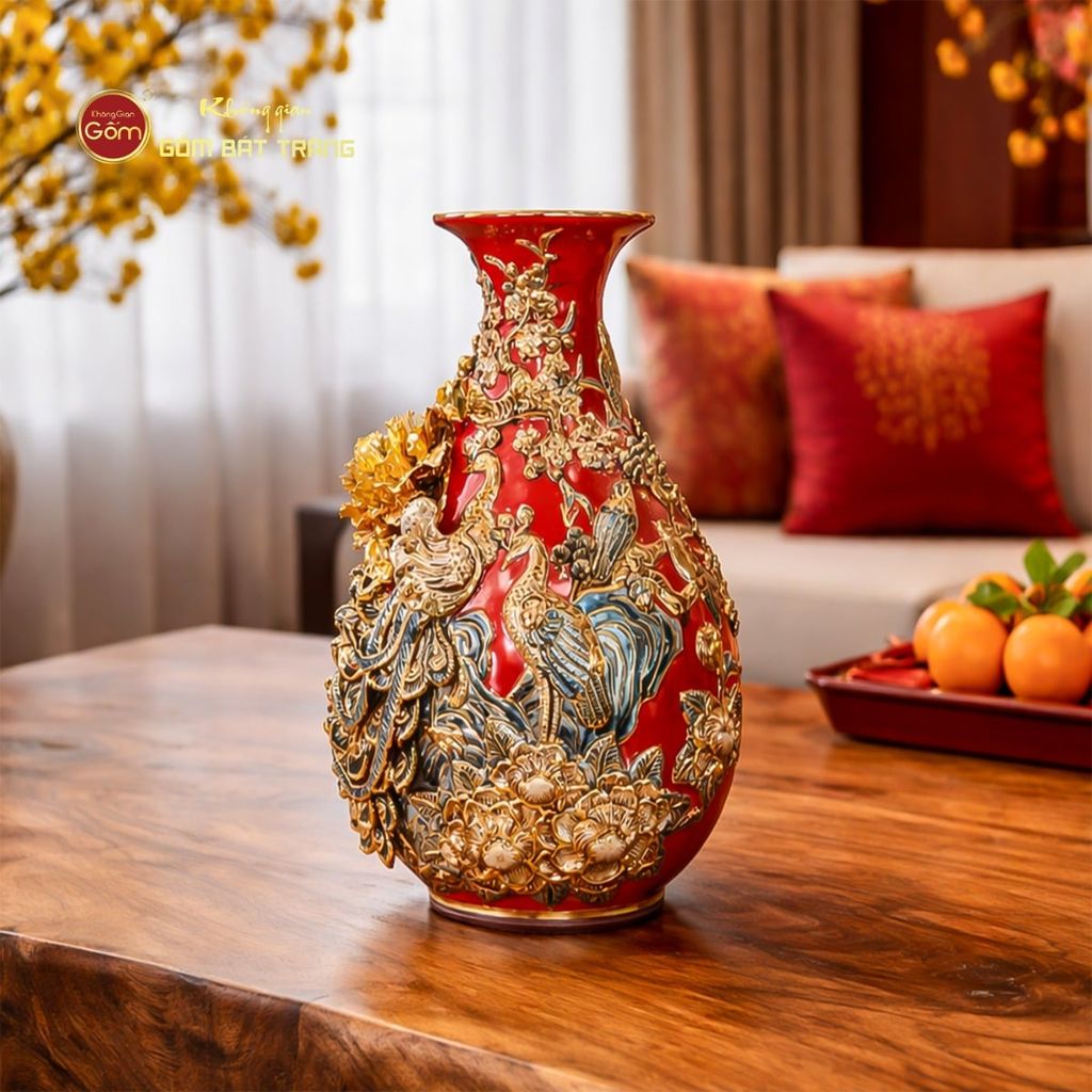 Tỳ Bà Men Đỏ Công Đào Đắp Nổi Vẽ Vàng