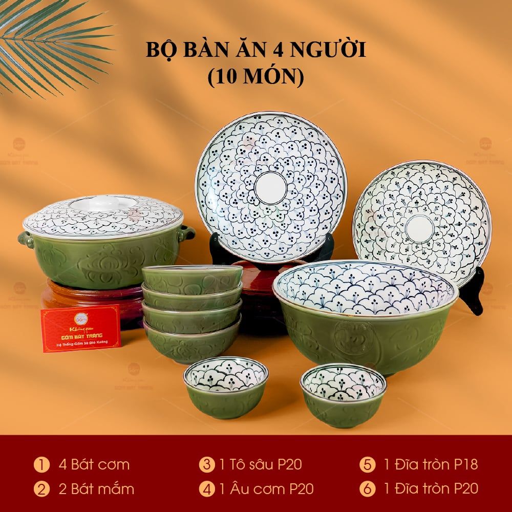 Bộ Bàn Ăn 4 Người (10 món) Men Xanh Ngọc Vẽ Bèo