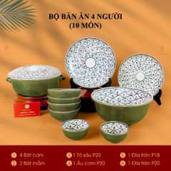 Bộ Bàn Ăn 4 Người (10 món) Men Xanh Ngọc Vẽ Bèo
