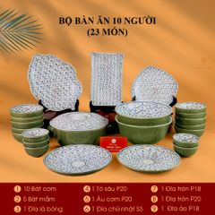 Bộ Bàn Ăn 10 Người (23 món) Men Xanh Ngọc Vẽ Bèo