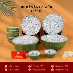 Bộ Bàn Ăn 6 Người (12 món) Men Xanh Ngọc Vẽ Bèo