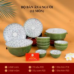 Bộ Bàn Ăn 6 Người (12 món) Men Xanh Ngọc Vẽ Bèo