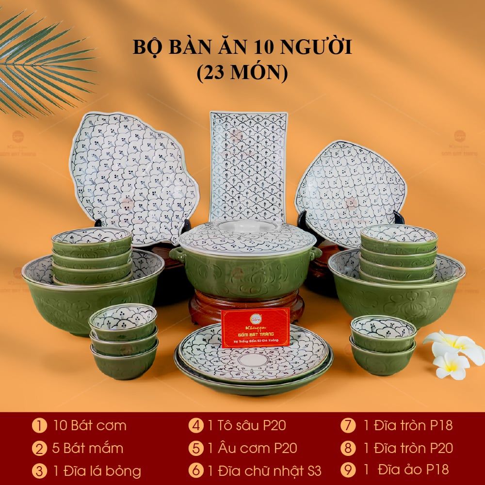 Bộ Bàn Ăn 10 Người (23 món) Men Xanh Ngọc Vẽ Bèo