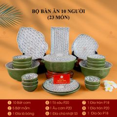 Bộ Bàn Ăn 10 Người (23 món) Men Xanh Ngọc Vẽ Bèo