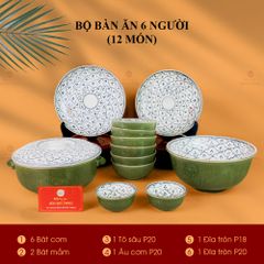 Bộ Bàn Ăn 6 Người (12 món) Men Xanh Ngọc Vẽ Bèo