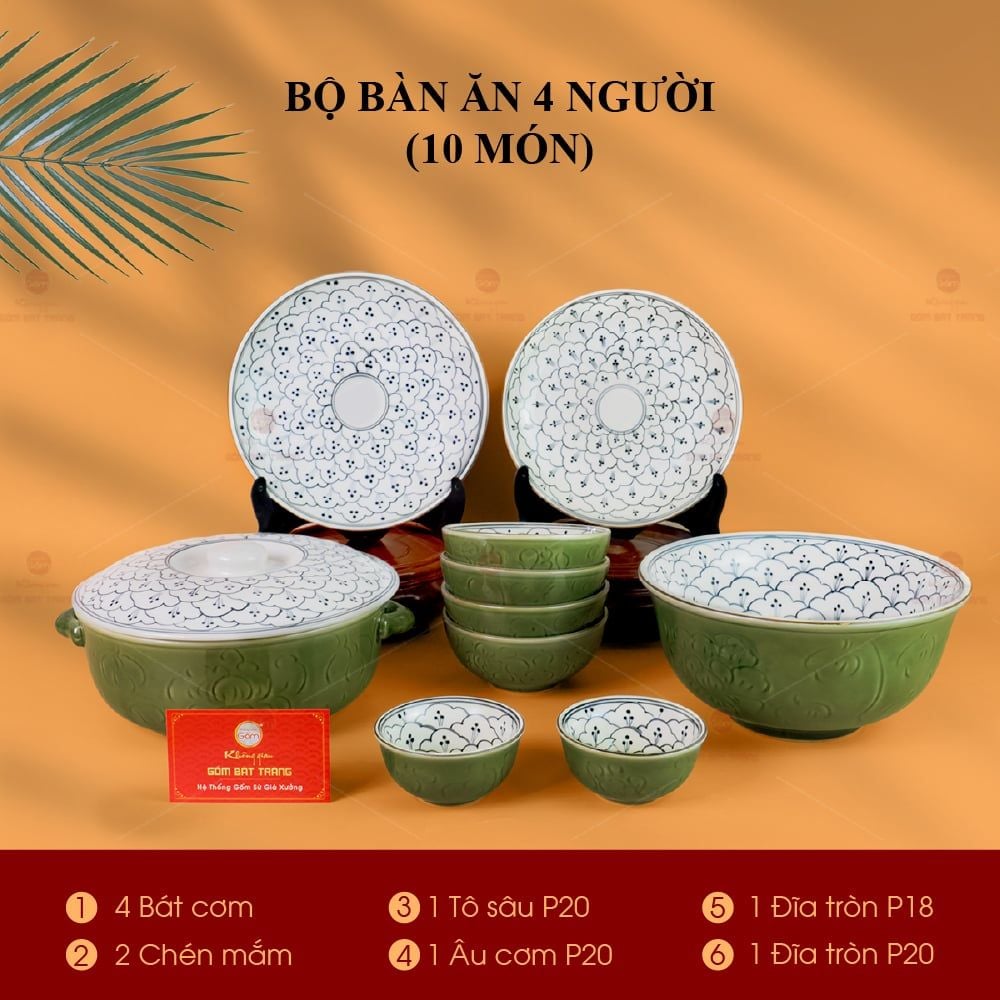 Bộ Bát Đĩa Bát Tràng Men Xanh Ngọc Vẽ Bèo