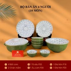 Bộ Bát Đĩa Bát Tràng Men Xanh Ngọc Vẽ Bèo
