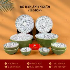 Bộ Bàn Ăn 4 Người (10 món) Men Xanh Ngọc Vẽ Bèo
