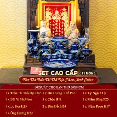 [Set Cao Cấp] Bộ Đồ Thờ Thần Tài Thổ Địa Men Xanh Coban (11 món)