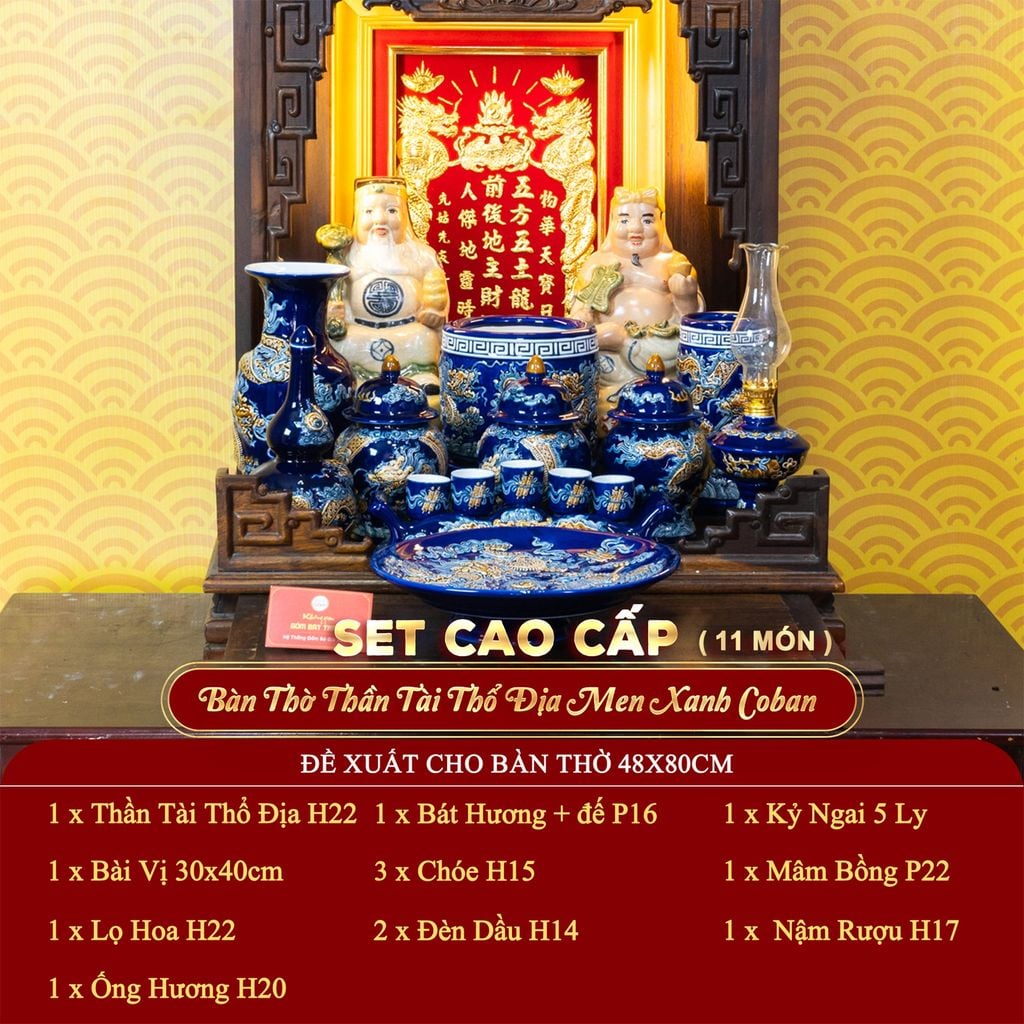[Set Cao Cấp] Bộ Đồ Thờ Thần Tài Thổ Địa Men Xanh Coban (11 món)
