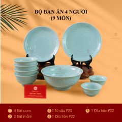 Bộ Bát Đĩa Men Xanh Ngọc Vân Hoa Cúc
