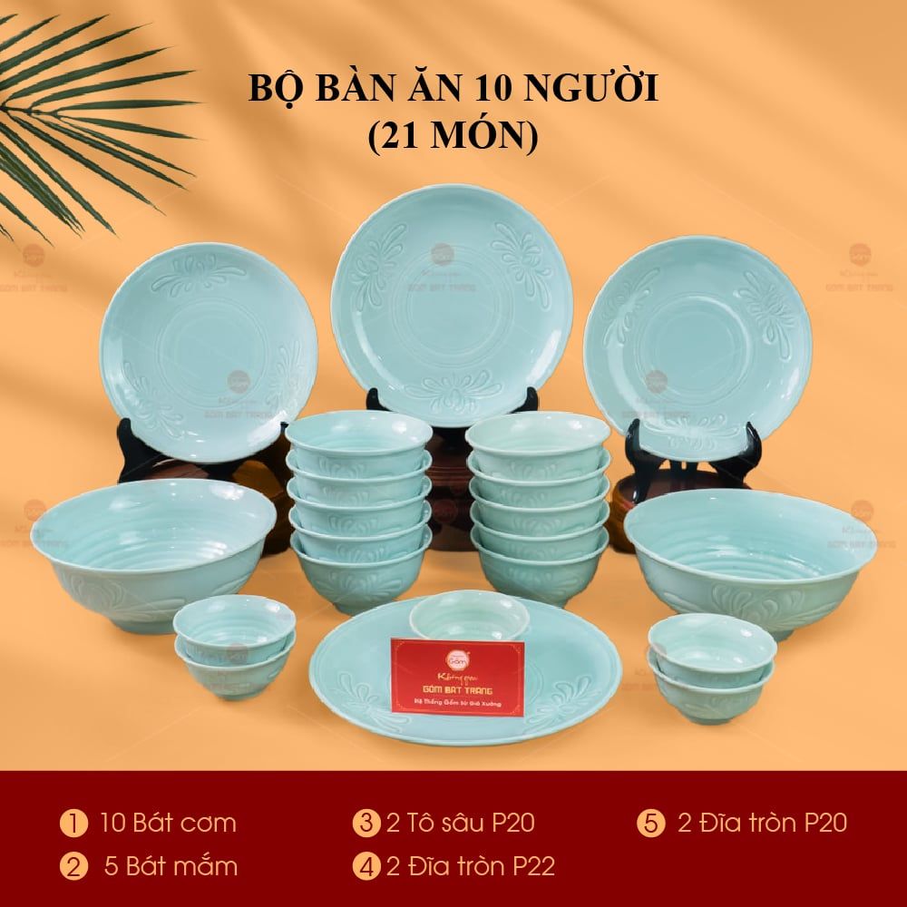 Bộ Bát Đĩa Men Xanh Ngọc Vân Hoa Cúc