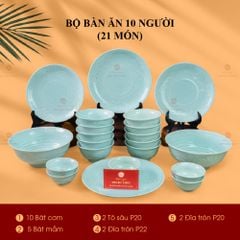 Bộ Bát Đĩa Men Xanh Ngọc Vân Hoa Cúc
