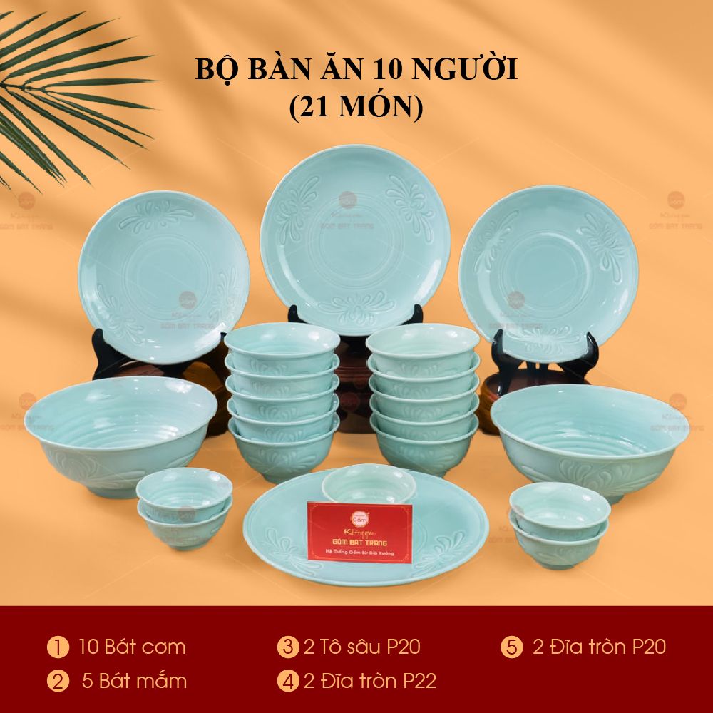 Bộ Bàn Ăn 10 Người (21 Món) Men Ngọc Vân Hoa Cúc