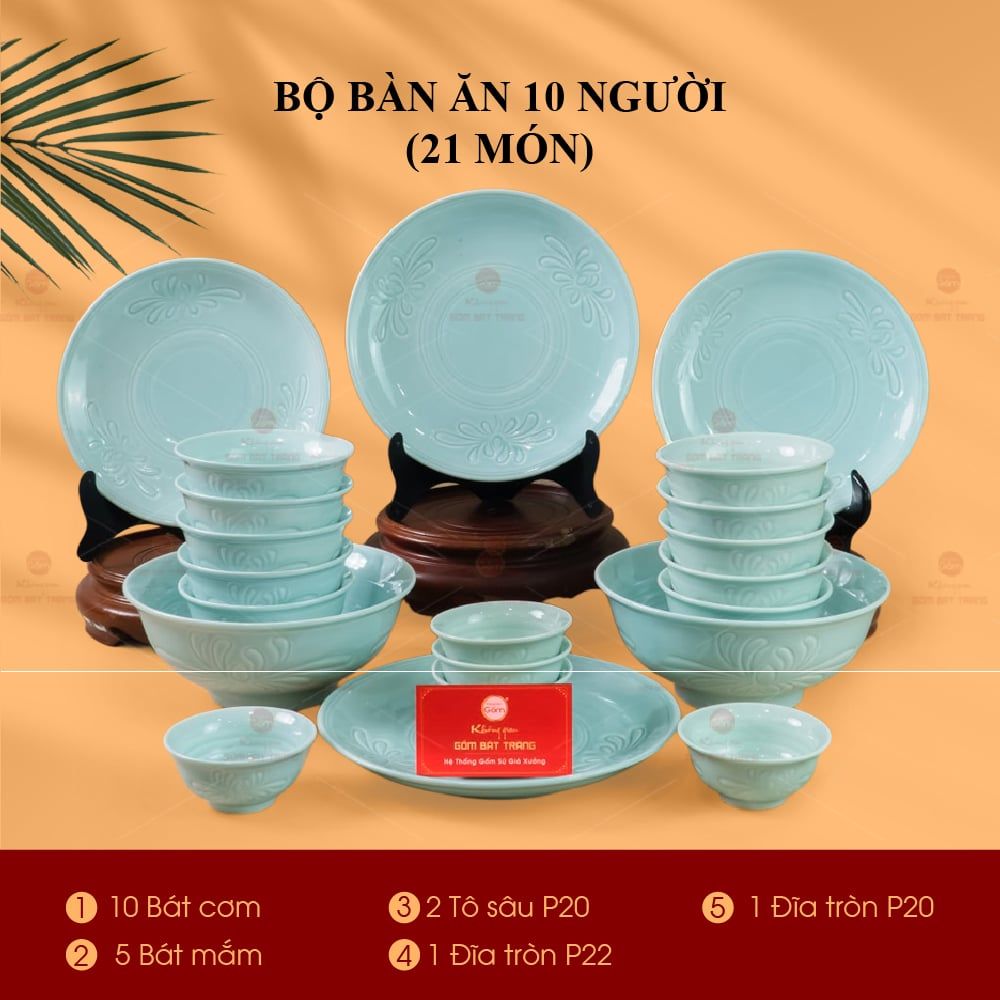 Bộ Bàn Ăn 10 Người (21 Món) Men Ngọc Vân Hoa Cúc
