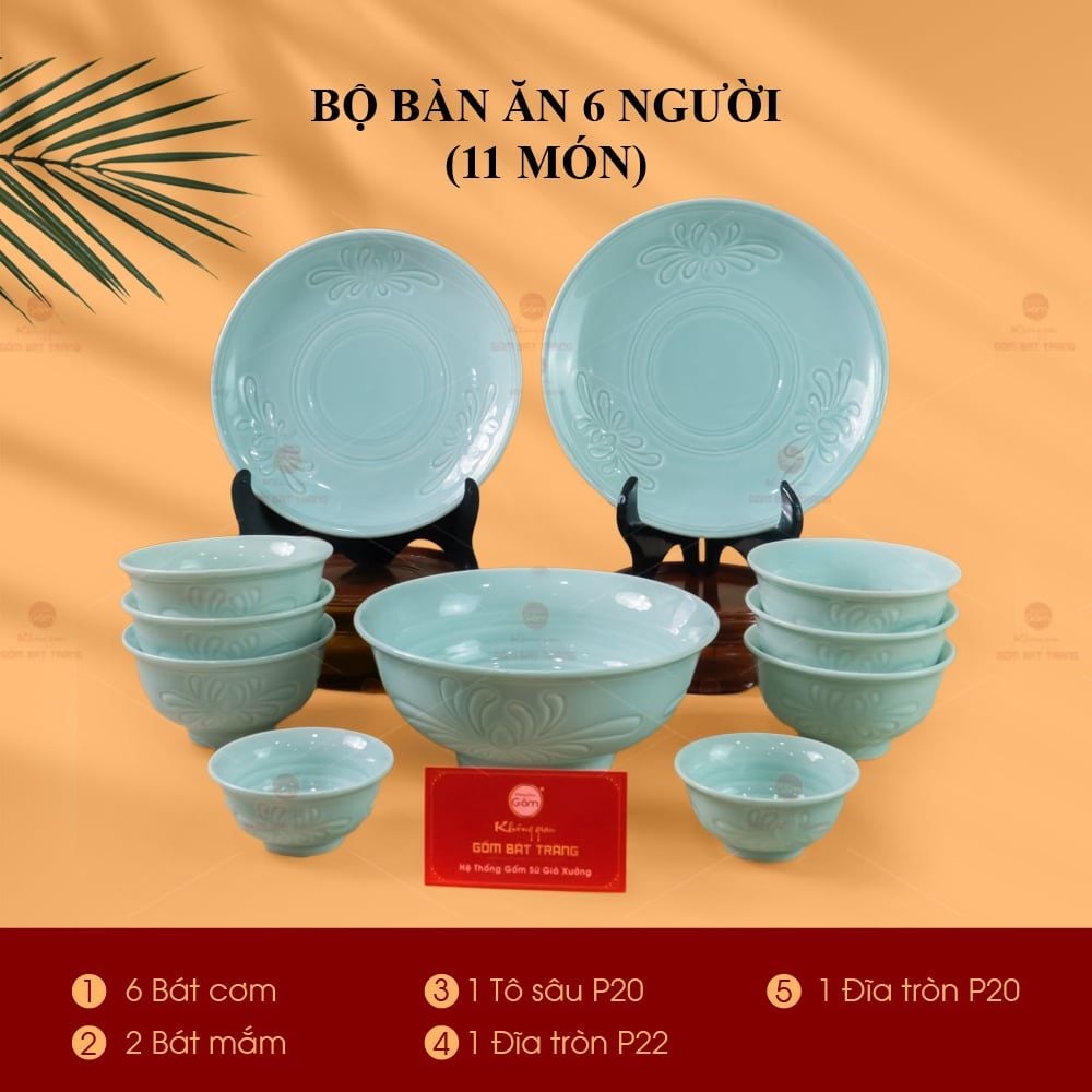 Bộ Bàn Ăn 6 Người (11 Món) Men Ngọc Vân Hoa Cúc