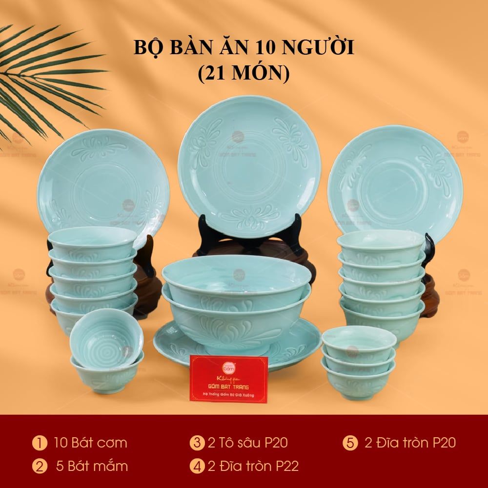 Bộ Bàn Ăn 10 Người (21 Món) Men Ngọc Vân Hoa Cúc