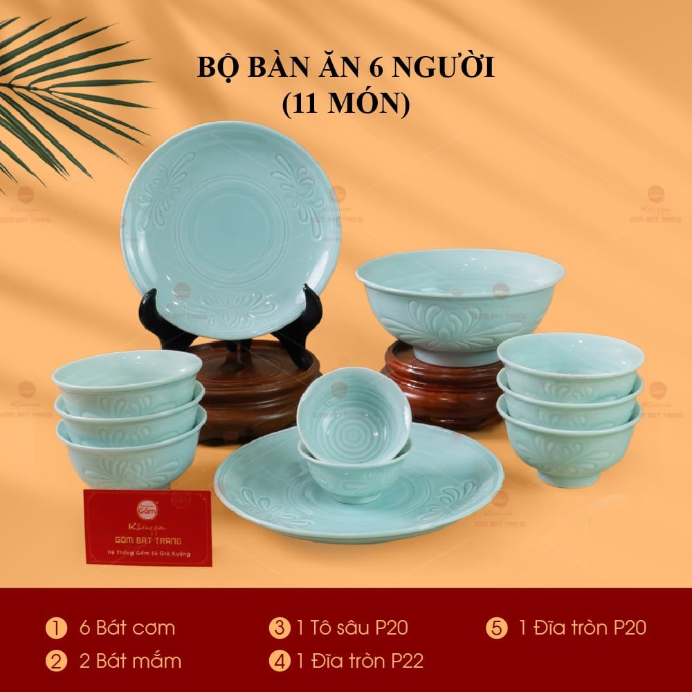 Bộ Bát Đĩa Men Xanh Ngọc Vân Hoa Cúc