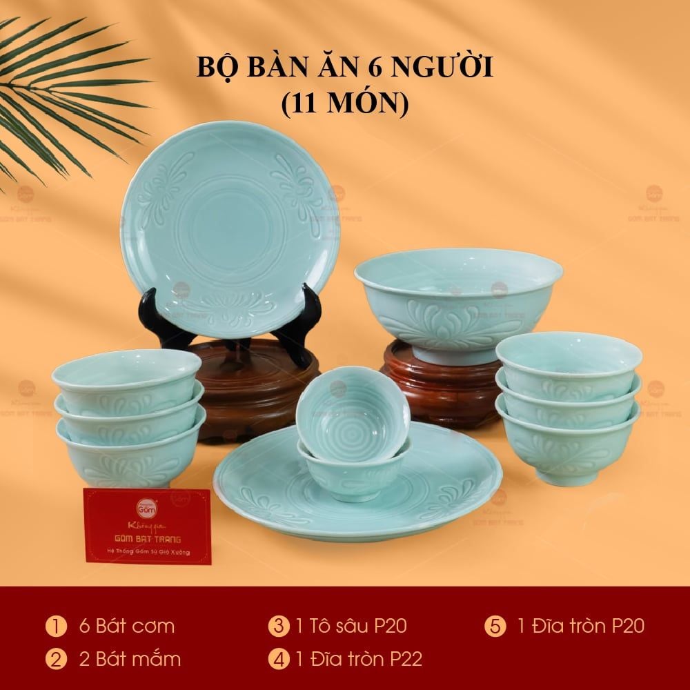 Bộ Bàn Ăn 6 Người (11 Món) Men Ngọc Vân Hoa Cúc