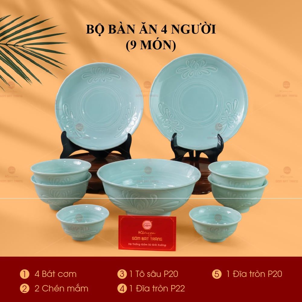 Bộ Bàn Ăn 4 Người (9 Món) Men Ngọc Vân Hoa Cúc