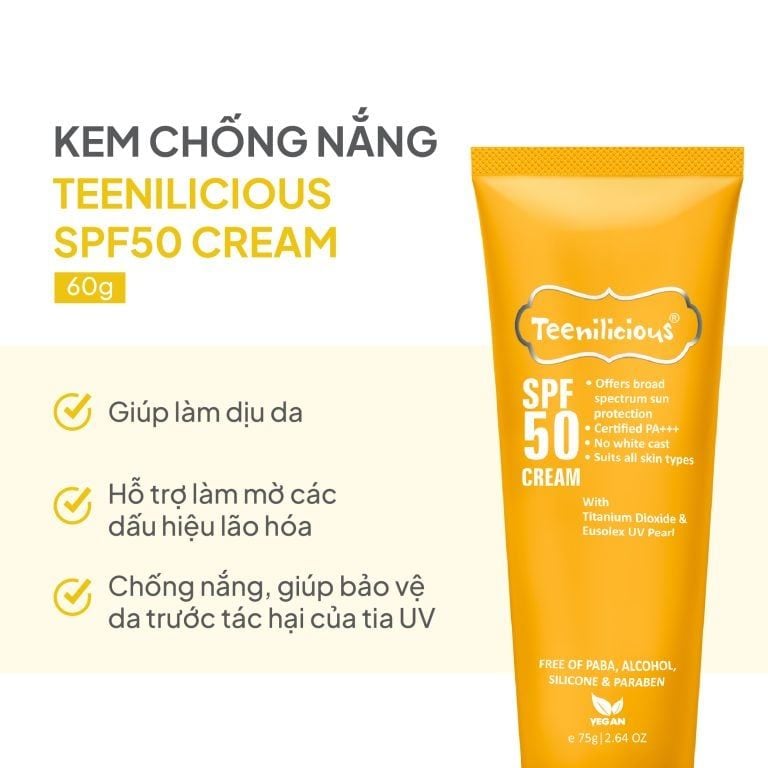 Kem Chống Nắng Teenilicious SPF 50 Cream – Giúp Dịu Da Và Làm Mờ Các Dấu Hiệu Lão Hóa – 75g