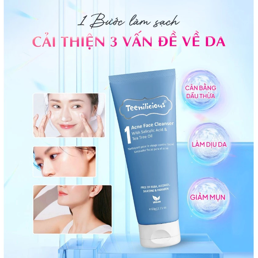 Sữa Rửa Mặt Teenilicious Acne Face Cleanser Giúp Giảm Mụn Đầu Đen, Đầu Trắng Dành Cho Da Mụn và Nhạy Cảm 60g